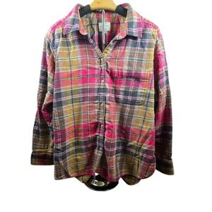 American Eagle Boyfriend Fit Flannel Shirt Pink Yellow Plaid Cotton Womens Large